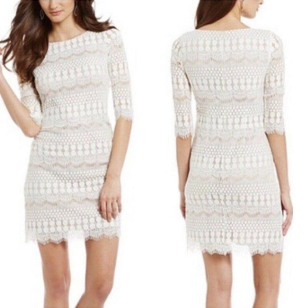 Jessica Howard Scalloped Lace Sheath Dress Sheer Ivory Nude Lined Half Sleeve 10